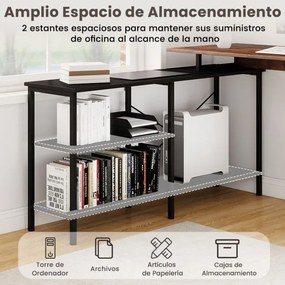 Secretária reversível 135 x 120 x 74,5 cm em forma de L de canto para computador e jogos com 2 prateleiras de armazenamento Castanho rústico + preto