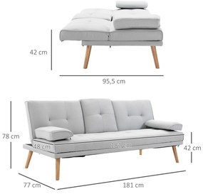 Sofá Cama 3 Lugares com Encosto Ajustável Apoio para os Braços Desmontável e 2 Suportes para Copos 181x77x78 cm Cinza Claro