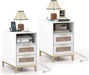 Conjunto de 2 mesas de cabeceira em rattan 60 x 35 x 61 cm com estação de carregamento e 2 gavetas estilo boho com armazenamento aberto branco e doura