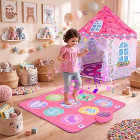 Conjunto de Tenda de Brincar e Tapete de Dança, 140 x 140 x 140 cm, Design de Castelo de Princesas, Rosa