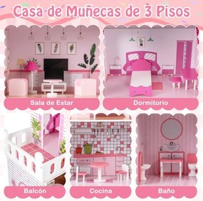 Casa de bonecas de madeira 74,5 x 34 x 120,5 cm com 18 peças de mobiliário e escada rosa