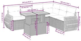 7 pcs conjunto sofás p/ jardim c/ almofadões vime PE cinzento