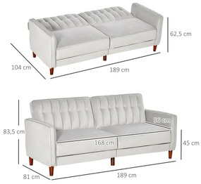 HOMCOM Sofá de 2 Lugares Convertível em Cama Estofado Aveludado com Encosto Ajustável e Pés de Madeira para Sala de Estar Escritório 189x81x83,5cm Cinza Claro