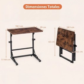 Mesa auxiliar dobrável em forma de C com altura ajustável 59,5 x 39 x 51-66 cm, estrutura metálica, para sala ou quarto, castanho rústico