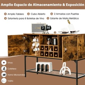 Aparador Buffet Industrial com Porta Vinho Prateleira de Malha 2 Armários com Portas para Corredor da Sala 122 x 41 x 85 cm Castanho
