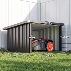 Abrigo para robô cortador de relva 108 x 86 x 62,5 cm, garagem para robô cortador de relva com telhado inclinado em aço galvanizado cinzento escuro