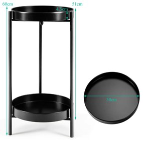 Floreira Suporte para plantas metálicas com 2 níveis Suporte para plantas moderno com 2 bandejas dobráveis para interior e exterior 30 x 60 cm Preto
