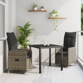 vidaXL Conjunto de Jantar de Jardim 3 Peças com Almofadas Cinza em Rattan PE