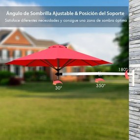 Guarda-sol montado na parede 250 cm x 184 cm  com poste ajustável e inclinável resistente para jardim, varanda, pátio Vermelho