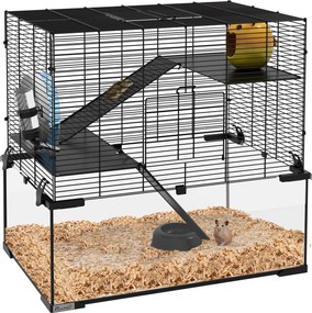 Gaiola para Hamster com Fundo de Vidro Plataformas Comedouro Bebedouro Casa Rampas e Roda de Exercício 60x40x54,5 cm Preto