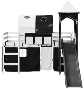 Cama alta criança c/ torre 80x200 cm pinho maciço branco/preto