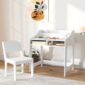 Conjunto de secretária e cadeira para crianças dos 3 aos 8 anos, com compartimentos e prateleiras abertas, branco