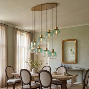 Candeeiro suspenso Hotel Chic latão com vidro azul e verde 8 luzes - Qara