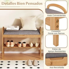 Banco para sapatos em bambu 70 x 31 x 51 cm com 2 níveis, almofada acolchoada e prateleira de arrumação para a entrada, corredor, sala de estar e quar