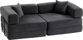 Sofá Cama de 2 Lugares Dobrável Estofado em Chenilla com 2 Almofadas Braços Largos Acolchoamento Grosso Cinzento Escuro