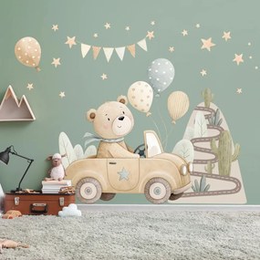 Autocolante de parede para quarto de criança - Urso no carro