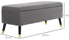 HOMCOM Banco de Armazenamento com Tampa Puff Estofado em Veludo com Assento Acolchoado e Pés de Madeira para Dormitório Entrada 110x43x45cm Cinza