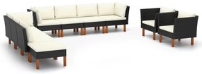 10 pcs conj. lounge jardim vime PE e madeira de eucalipto preto