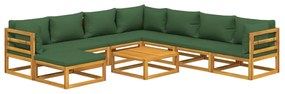 9 pcs conj. lounge jardim madeira c/almofadões verdes