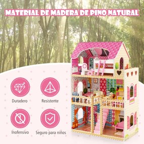 Casa de bonecas infantil de madeira com 3 passeios, 6 quartos simulados e 15 peças DIY Dream House para crianças de 3 anos ou mais rosa
