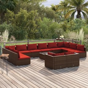 vidaXL 13 pcs conjunto lounge jardim c/ almofadões vime PE castanho