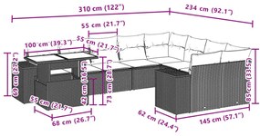 10 pcs conjunto sofás de jardim c/ almofadões vime PE preto