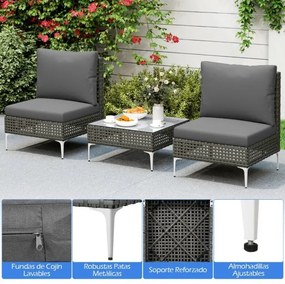 Conjunto de móveis de jardim em vime de 3 peças com 2 cadeiras e 1 mesa de centro em vidro temperado cinzento