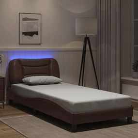 vidaXL Estrutura cama c/ luzes LED 90x200 cm couro artificial castanho