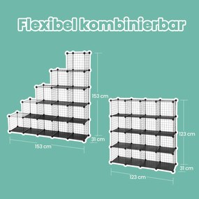Sistema de prateleiras encaixáveis arrumação com 16 cubos de grelha 123 x 31 x 123 cm (L x P x A) Preto