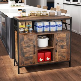 Aparador Armário 84 x 35 x 80 cm com 2 Portas Compartimentos Abertos Estantes Ajustáveis para Cozinha Sala de Jantar Castanho Rústico + Preto