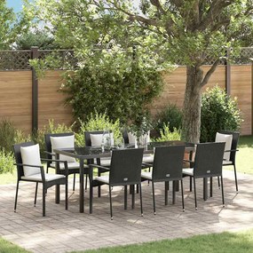 vidaXL Conjunto de Jantar de Jardim com 9 Peças e Almofadas - - Preto - Polirattan