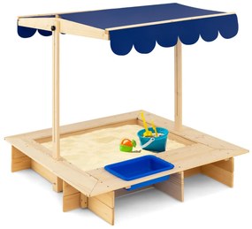 Brinquedo de caixa de areia de madeira para crianças com telhado ajustável 1 Cubo Espaçoso Bancada de brincar 115 x 115 x 121 cm