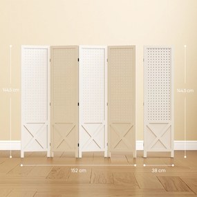 Biombo de interior em madeira, com 4 painéis, divisória dobrável, painel perfurado, 152 x 1,7 x 144,5 cm, branco