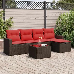 6 pcs conjunto de sofás jardim c/ almofadões vime PE castanho