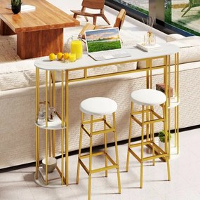 Mesa de bar alta retangular 150 x 40 x 105 cm (BANCOS NÃO INCLUIDOS) com estantes de arrumação, estrutura metálica e tampo em imitação mármore; consol