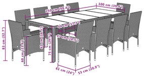 11 pcs conjunto jantar jardim com almofadões vime PE/vidro bege
