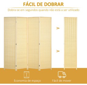 Biombo de 4 Painéis Dobrável 180x180 cm Separador de Ambientes Tecido a Mão de Bambu e Fio de Algodão 180x180 cm Madeira