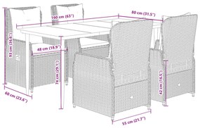 5 pcs conjunto de jantar p/ jardim com almofadões vime PE bege