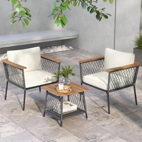 Conjunto de móveis de jardim de 3 peças 2 cadeiras de rattan com mesa de café Tampo de mesa em madeira de acácia Almofadas para exterior Jardim branco