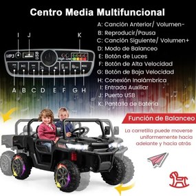 Carro elétrico infantil de 2 lugares com basculante Controlo remoto Ligação sem fios Música USB 119 x 68 x 65 cm Preto