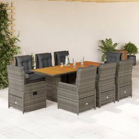 vidaXL 9 pcs conjunto de jantar p/ jardim c/ almofadões vime PE cinza