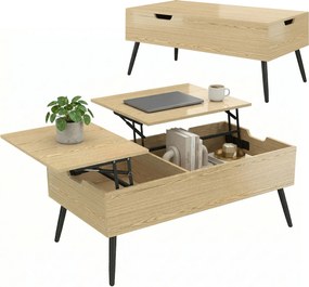 Mesa de centro elevável 100 x 50 x 43,6 cm com tampo duplo, mesa de sala com compartimento oculto e pés em metal e madeira natural
