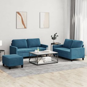 3 pcs conjunto de sofás com almofadões veludo azul