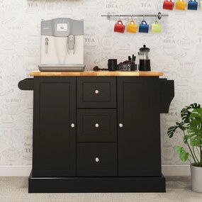 Carrinho de cozinha 127 cm x 46 cm x 91,5 cm com rodas e bancada em madeira de borracha, 3 gavetas e 2 armarios com prateleiras ajustáveis Preto