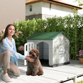 Canil externo para cães com porta e 3 janelas e piso removível e gaiola para cães cinza