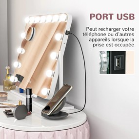 Espelho de maquilhagem 63 x 50 cm com iluminação LED de intensidade regulável, espelho de aumento, porta de carregamento USB, rotação de 360°,  branco