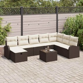 Conjunto de Sofás de Jardim de 9 Peças com Almofadas Castanho Vime Pol
