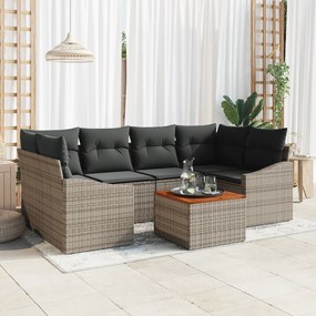 Conjunto de Sofá de Jardim de 7 Peças com Almofadas Cinza Poli Rattan