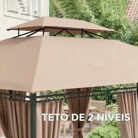 Pérgola para Jardim 3x4 m Pérgola de Exterior com Telhado Duplo 6 Paredes Laterais Estrutura Metálica Caqui
