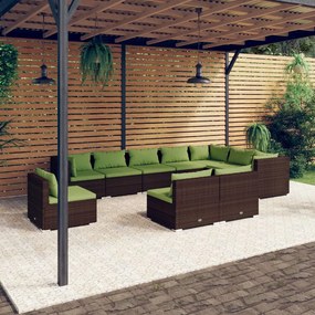 10 pcs conjunto lounge jardim c/ almofadões vime PE castanho